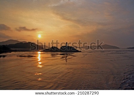 sunset at putuo island, east china sea, stylized and filtered to look like an oil painting.