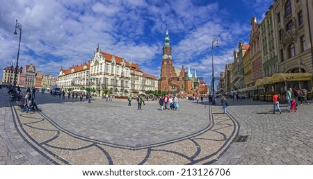 Wroclaw, Poland - May 30, 2014: Panoramic photo of historical town square with beautiful old architecture  on May 30, 2014.