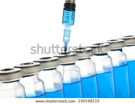 Glass Medicine Vials and botox, hualuronic, collagen or flu Syringe on a white background.