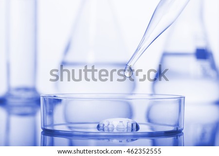 Petri dishes and pipette with liquid material. Laboratory concept.