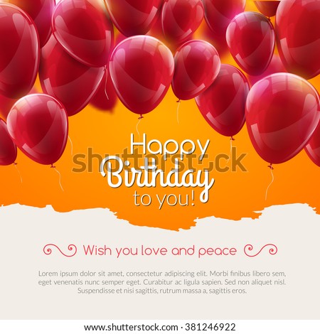 Vector happy birthday anniversary card with red balloons, party invitation, carnival celebration background. Greeting balloons