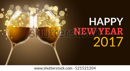 New Year eve 2017. Holiday illustration of two wine glasses. Drink luxury celebration of new year. Vector party alcohol decoration.