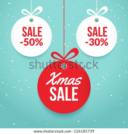 Christmas balls sale. Special offer vector tag. New year holiday card template. Shop market poster design.