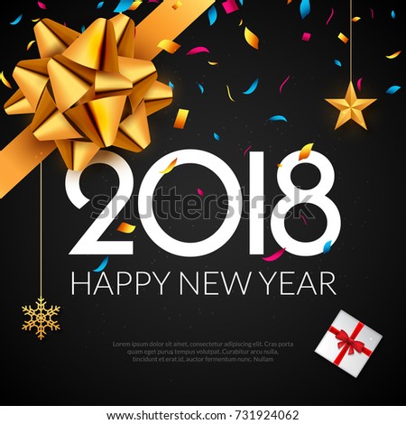 Happy New Year 2018 greeting card. Holiday flyer or poster gold luxury background for new year christmas celebration.