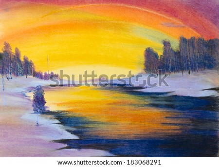 winter landscape with a river painted pastel
