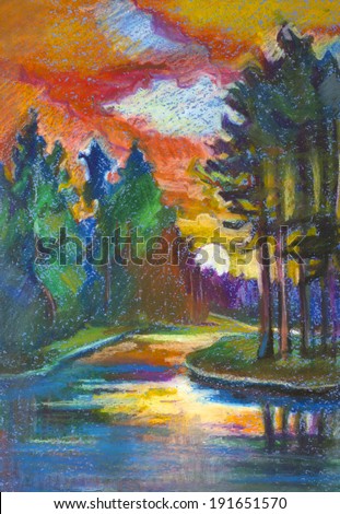 sunset and pines and river