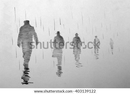 four men in the rain receding into the distance
