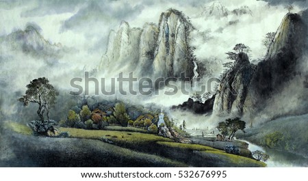 Chinese landscape mist Waterfall and high mountains