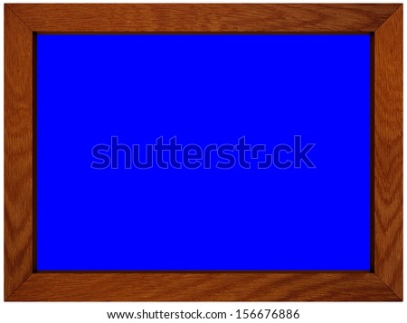 Blank wooden picture frame front view digital tablet screen shape. Isolate on white background. Blue screen