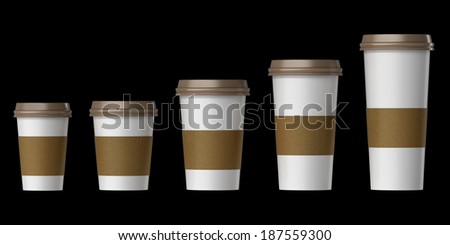 Blank disposable cup with cover and heat proof paper, Extra, Small, Medium, Large, Isolated on black background.