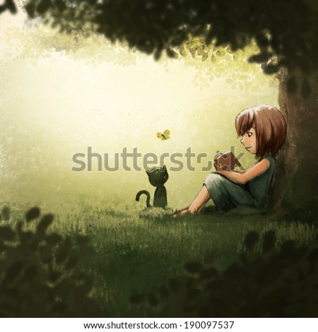 Girl sitting under a tree and reading a book, Rough Painting illustration.