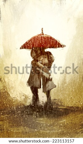 Kissing in the rain under umbrella, Digital painting