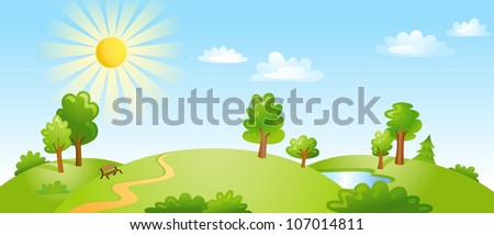 Landscape With Trees Clouds And Bright Sun. Vector Illustration