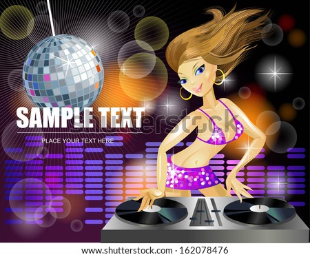 Beautiful DJ girl on decks on the party. Template for party