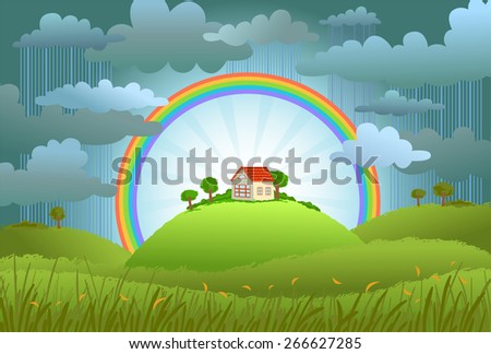 The rainbow protects the small house from a rain and bad weather. conceptual illustration.