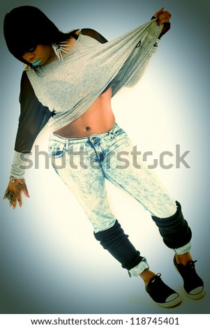 Beautiful Sexy Overweight Black Woman in Jeans and Tshirt