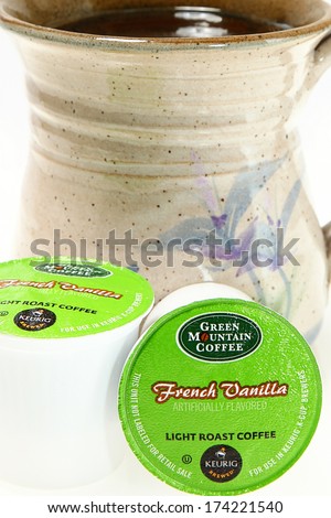 NASHVILLE, TN--JAN 31, 2014: Green Mountain Coffee K-cups. Supporting local and global communities through investing, and donating a portion of its pretax profits to social and environmental projects.