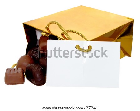 Shiny gold gift bag full of chocolates.  Gift card is facing forward to allow you to add text easily.