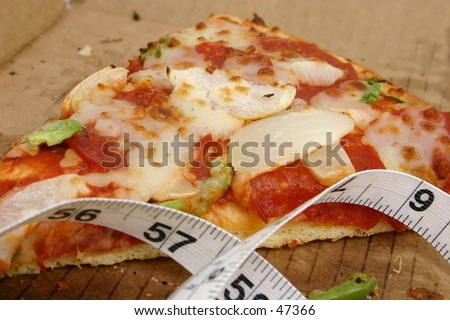 Slice of pizza in box with measuring tape laying in box too.