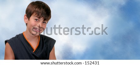 Brunette boy with braces on a blue and white background.