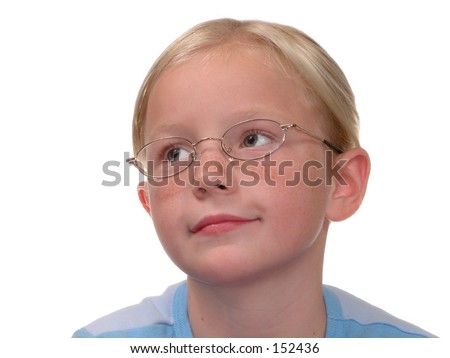 Blonde girl on mottled white background wearing glasses.