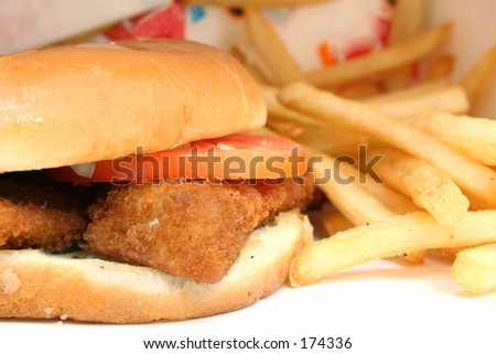 Close-up of a fried fish sandwich and fries.