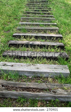 Old wooden steps in the grass.