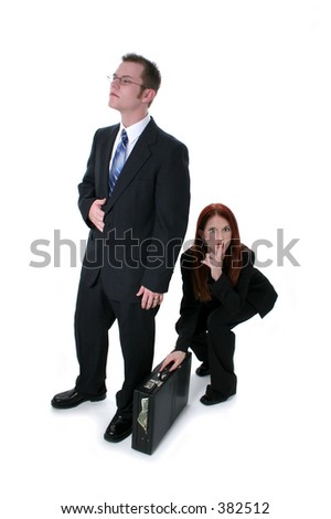 stock photo : Beautiful Business Woman Stealing Briefcase Full Of Money From Business Man.