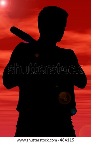 Silhouette over white with clipping path. Man With Baseball Bat.