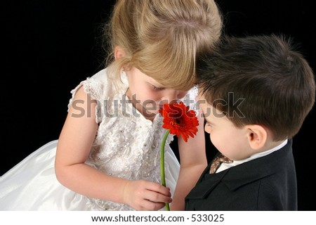 Four year old girl and two year old boy in formal dress and suit smelling flower together. Shot in studio over black.