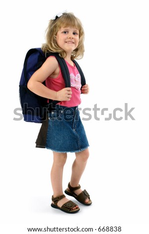 Small school girl with backpack. Summer casual clothes. Shot in studio