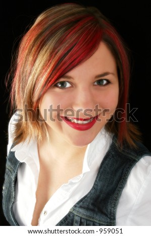black hair with red and blonde streaks. with red, londe and lack