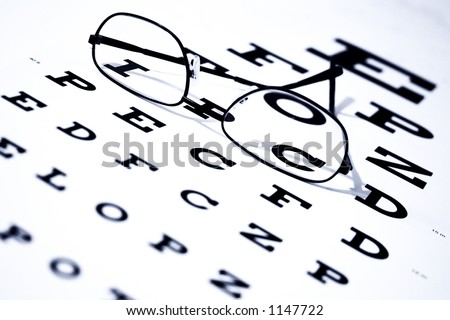 Focus on letters I and C.  Eye chart and glasses.