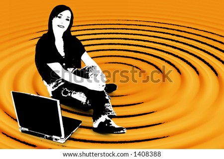 Black and white silhouette over orange with clipping path. Teen with laptop.