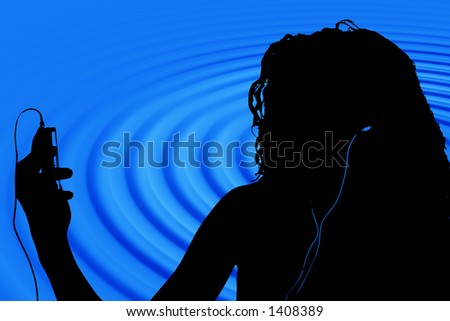 Silhouette in blue and black of teen with digital video player