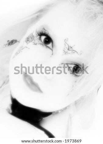 Black and White of 17 year old goth teen girl with blonde hair, blue eyes.