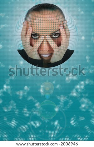 Woman\'s face in sphere over futuristic abstract background.
