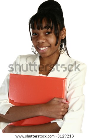 Beautiful African Amercian 15 year old Teen Girl in suit holding folder.