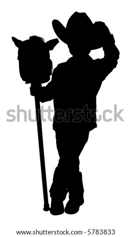 Silhouette over white with clipping path. Full body little cowboy with toy horse.
