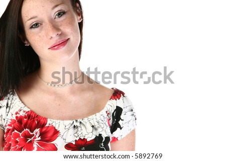 Beautiful Seventeen year old girl making facial expressions over white.