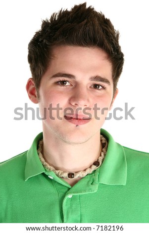 Attractive 18 year old in green shirt over white.