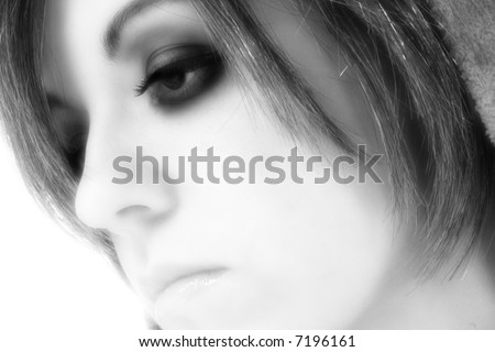 Beautiful young woman profile portrait in black and white.