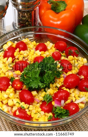 Grilled Corn Salad background.  Tomato, corn, parsley, onion.