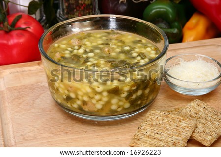 stock photo Bowl of hot Italian Wedding Soup meatballs and spinach soup 