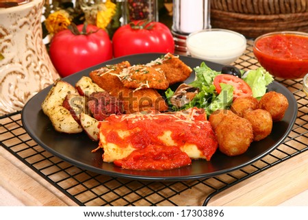 Stuffed mushrooms, fried ravioli, oven baked potatoes, marinara, honey mustard, ranch dressing, Cheese Manicotti, salad.