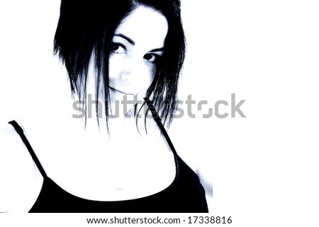 stock photo : Close up of attractive 40 year old brunette woman in blue