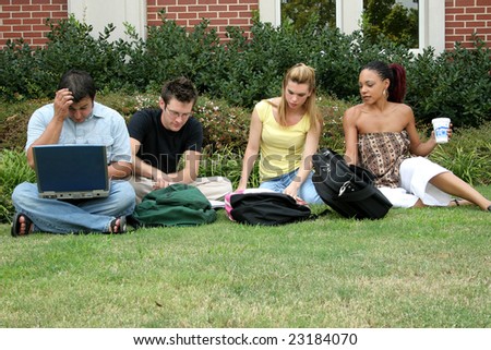 College students outside classroom or dorm.