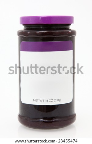 Jar of blackberry jelly over white background.  Add text to label.