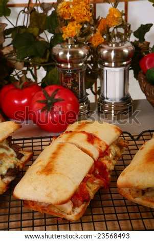 Various toasted submarine sandwiches with chicken, beef, melted cheese, vegetables, and marinara sauce.