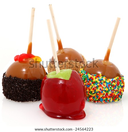Various candied apples on a stick.